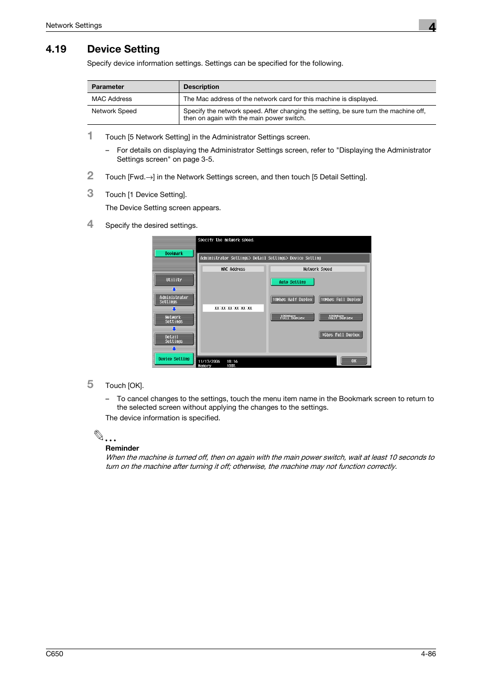 19 device setting, Device setting -86 | Konica Minolta bizhub C650 User Manual | Page 266 / 304