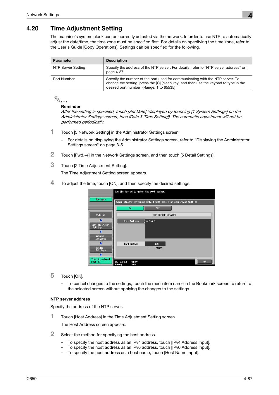 20 time adjustment setting, Ntp server address, Time adjustment setting -87 ntp server address -87 | Konica Minolta bizhub C650 User Manual | Page 267 / 304