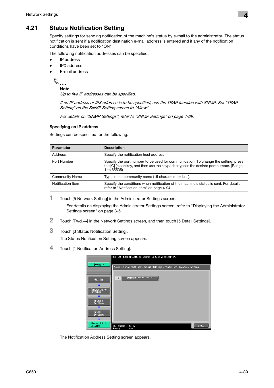 21 status notification setting, Specifying an ip address | Konica Minolta bizhub C650 User Manual | Page 269 / 304