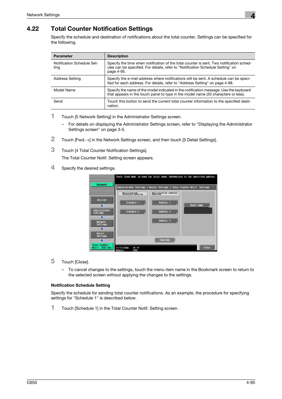 22 total counter notification settings, Notification schedule setting | Konica Minolta bizhub C650 User Manual | Page 275 / 304