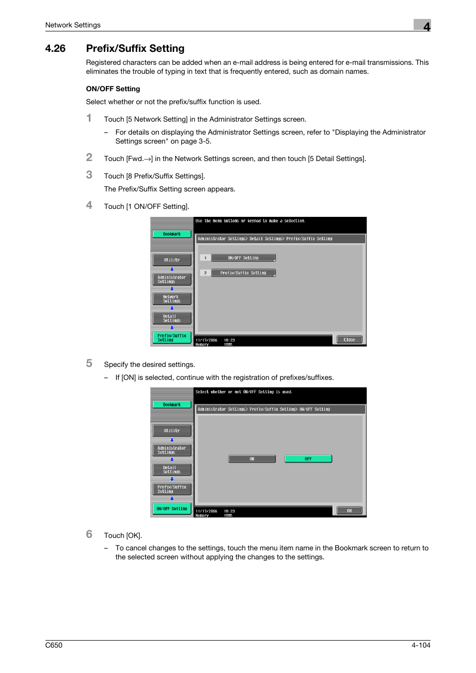 26 prefix/suffix setting, On/off setting, Prefix/suffix setting -104 on/off setting -104 | Konica Minolta bizhub C650 User Manual | Page 284 / 304