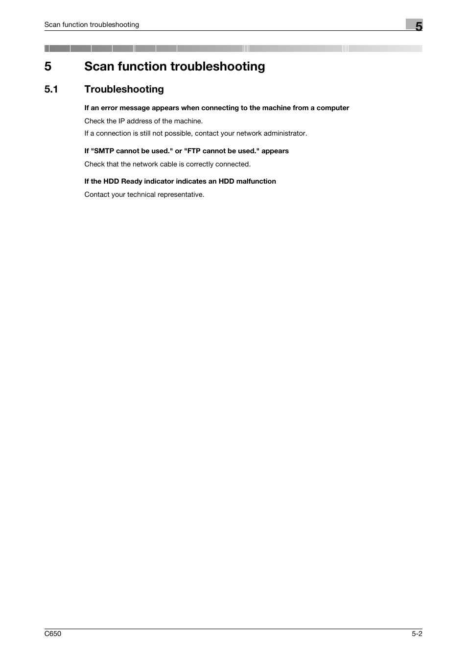 5 scan function troubleshooting, 1 troubleshooting, Scan function troubleshooting | 5scan function troubleshooting | Konica Minolta bizhub C650 User Manual | Page 289 / 304