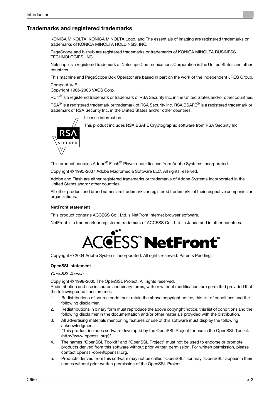 Trademarks and registered trademarks, Netfront statement, Openssl statement | Konica Minolta bizhub C650 User Manual | Page 3 / 304