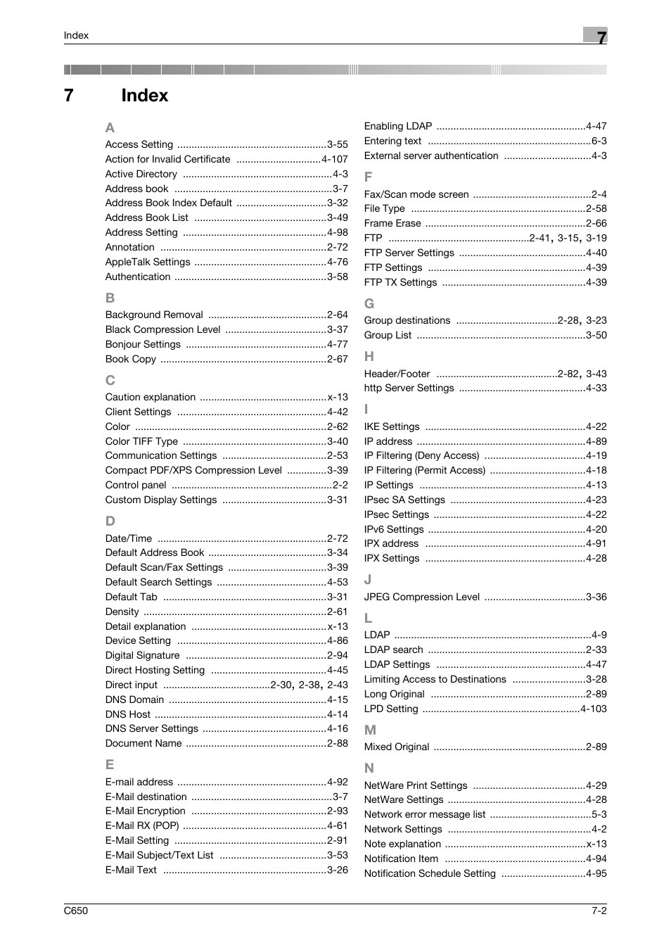 7 index, A to n, Index | 7index | Konica Minolta bizhub C650 User Manual | Page 302 / 304