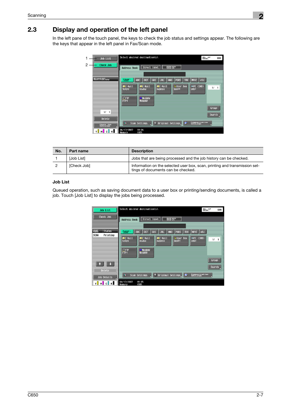 3 display and operation of the left panel, Job list | Konica Minolta bizhub C650 User Manual | Page 34 / 304