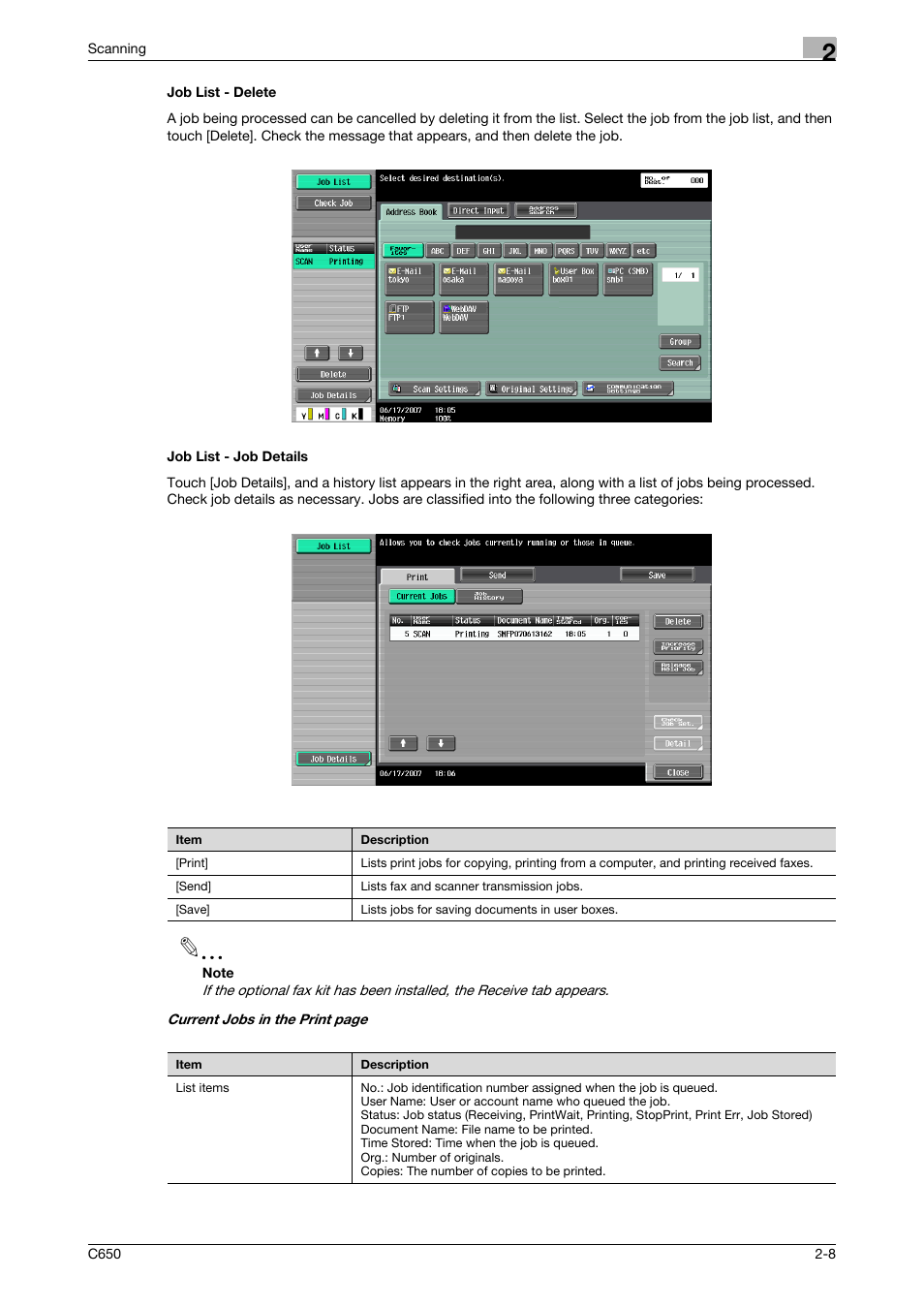 Job list - delete, Job list - job details, Job list - delete -8 job list - job details -8 | Konica Minolta bizhub C650 User Manual | Page 35 / 304