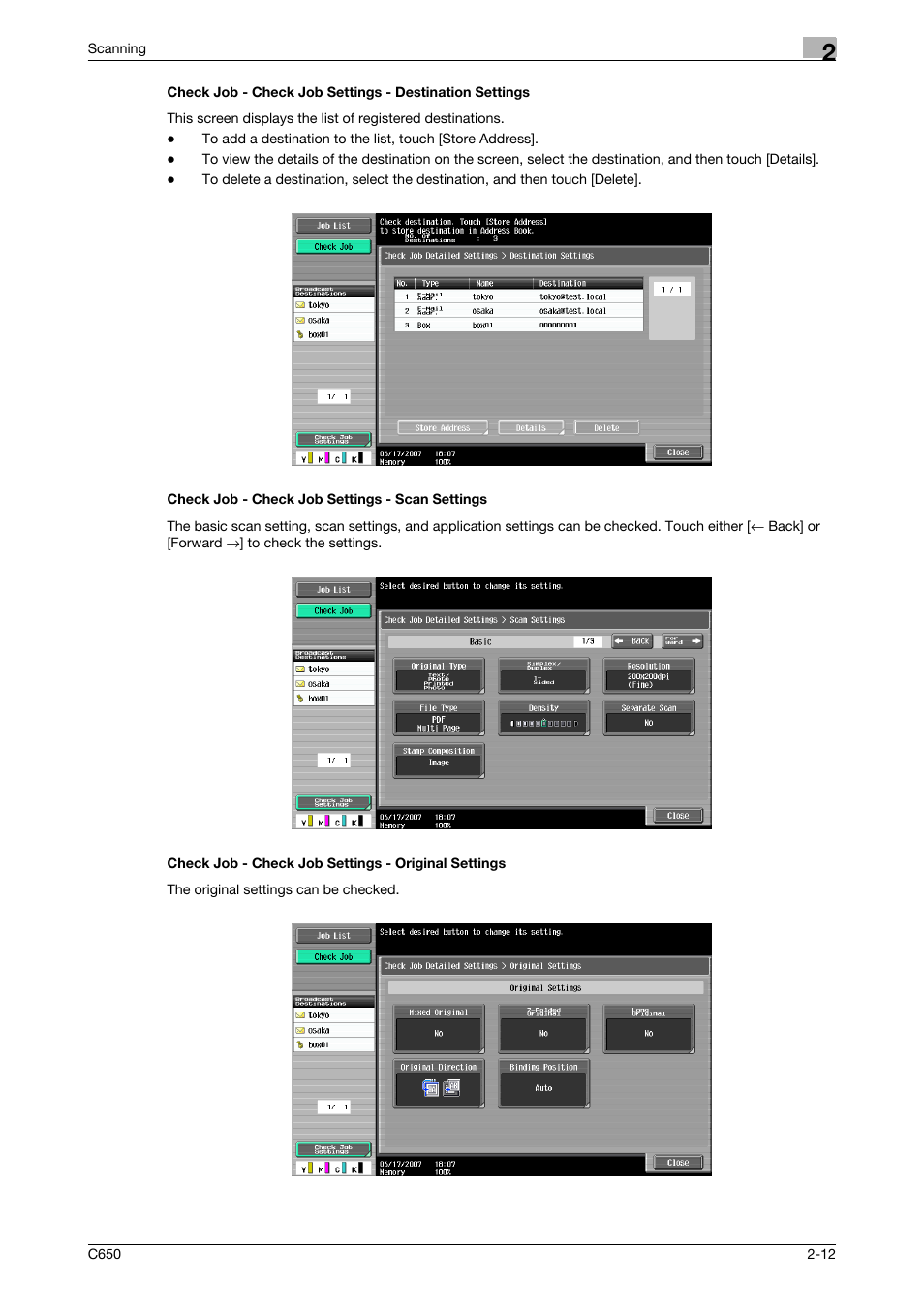 Check job - check job settings - scan settings, Check job - check job settings - original settings | Konica Minolta bizhub C650 User Manual | Page 39 / 304