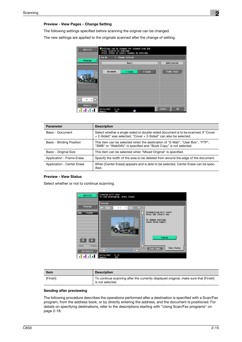 Preview - view status, Sending after previewing | Konica Minolta bizhub C650 User Manual | Page 42 / 304