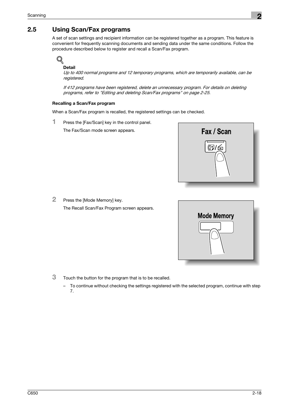 5 using scan/fax programs, Recalling a scan/fax program | Konica Minolta bizhub C650 User Manual | Page 45 / 304