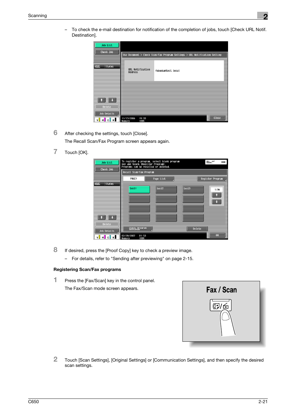 Registering scan/fax programs, Registering scan/fax programs -21 | Konica Minolta bizhub C650 User Manual | Page 48 / 304