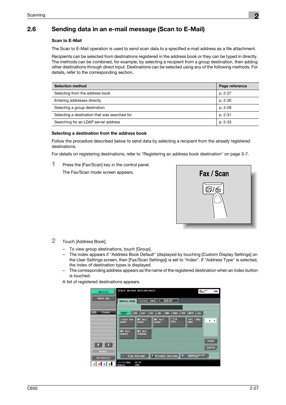 Scan to e-mail, Selecting a destination from the address book | Konica Minolta bizhub C650 User Manual | Page 54 / 304