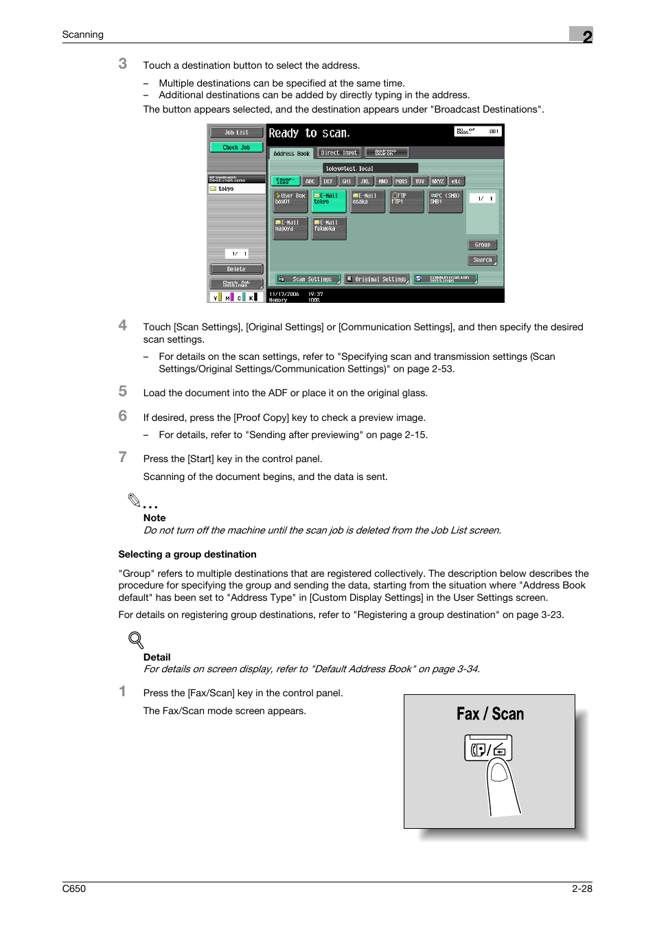 Selecting a group destination, Selecting a group destination -28, P. 2-28 | Konica Minolta bizhub C650 User Manual | Page 55 / 304