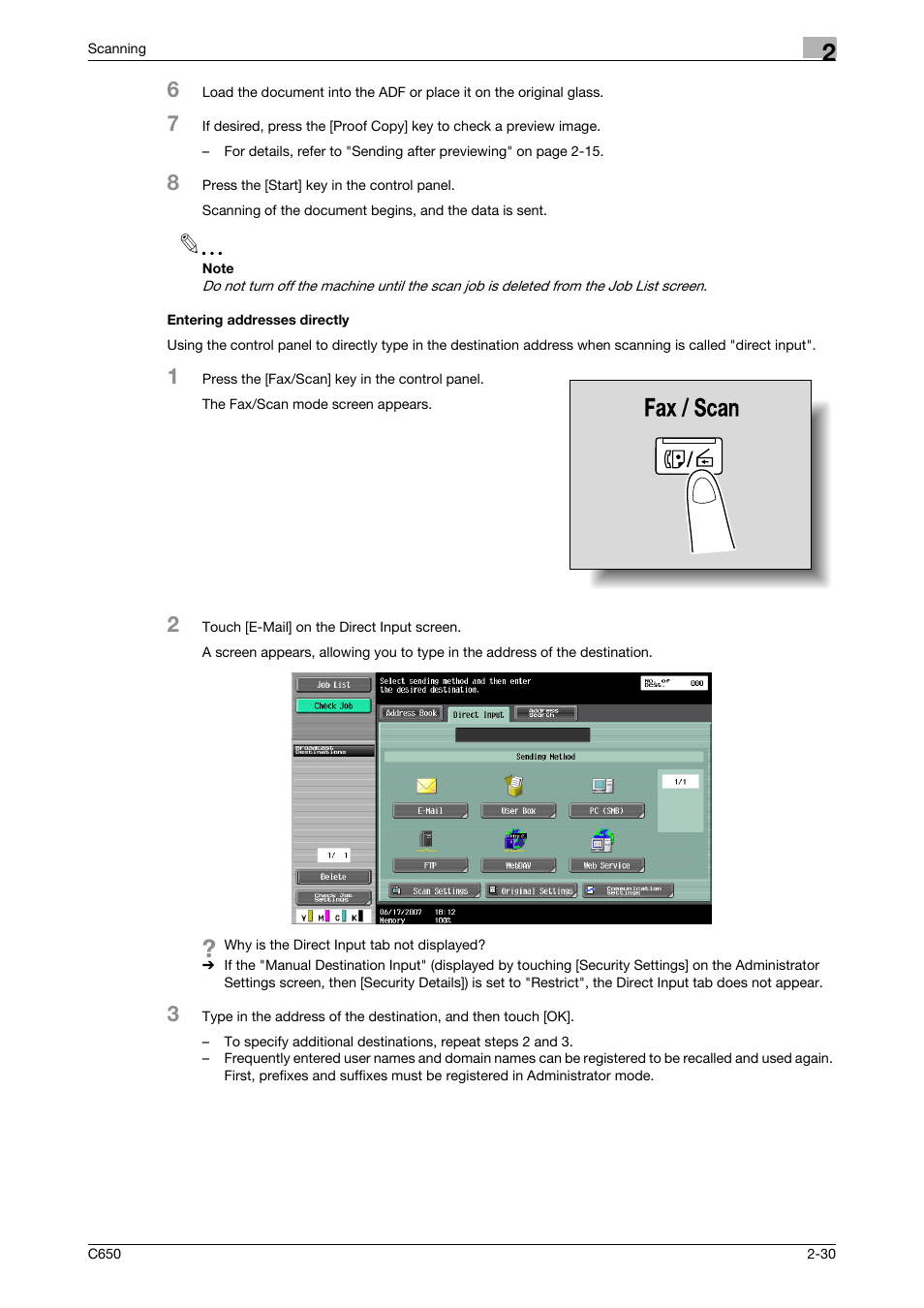 Entering addresses directly, Entering addresses directly -30, P. 2-30 | Konica Minolta bizhub C650 User Manual | Page 57 / 304