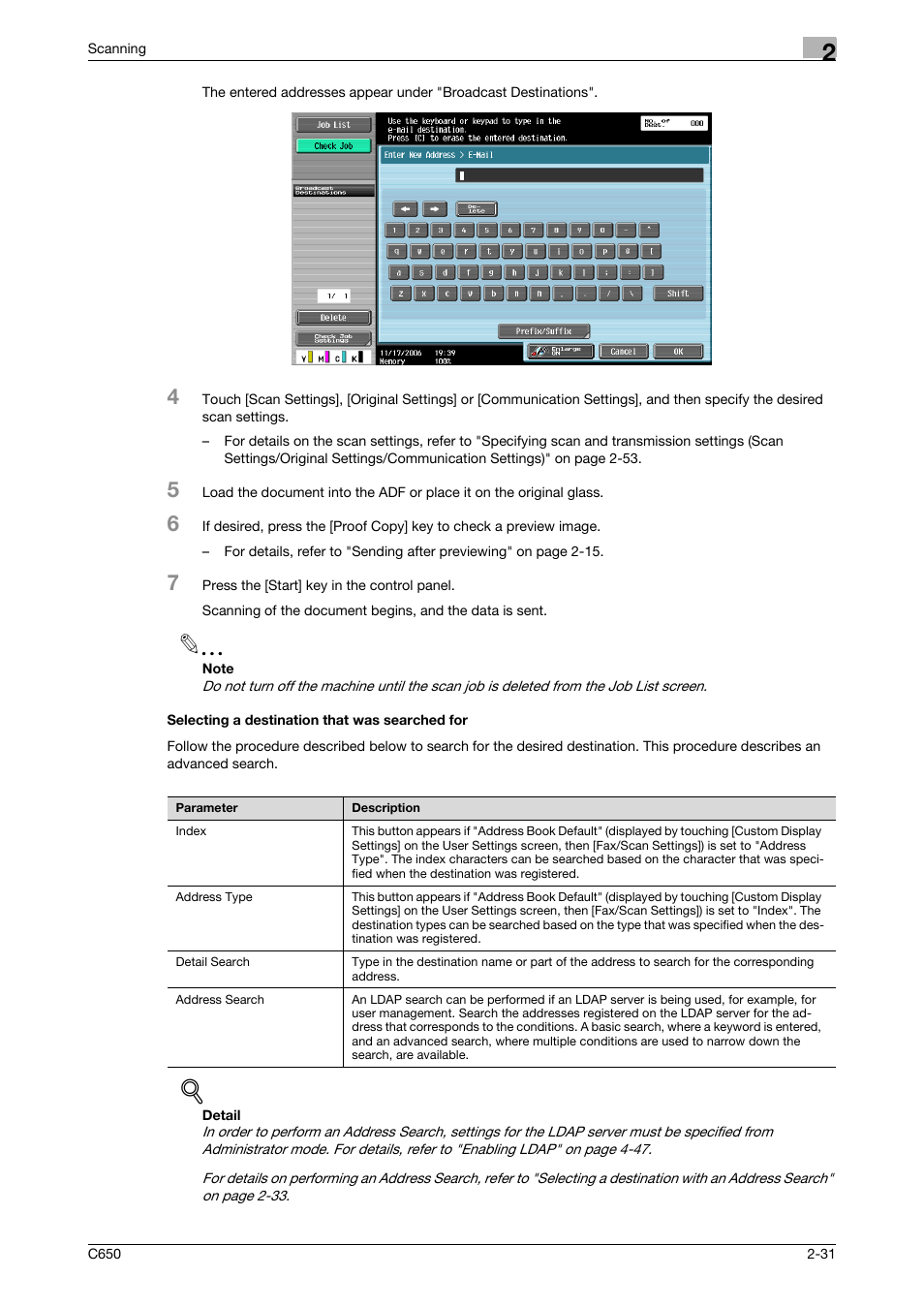 Selecting a destination that was searched for, Selecting a destination that was searched for -31, P. 2-31 | Konica Minolta bizhub C650 User Manual | Page 58 / 304