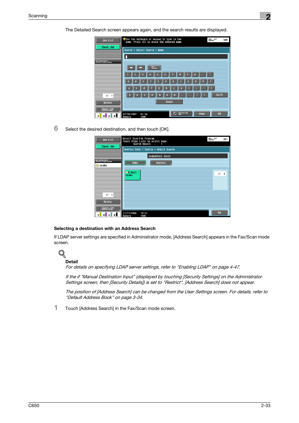 Selecting a destination with an address search, Selecting a destination with an address search -33, P. 2-33 | Konica Minolta bizhub C650 User Manual | Page 60 / 304