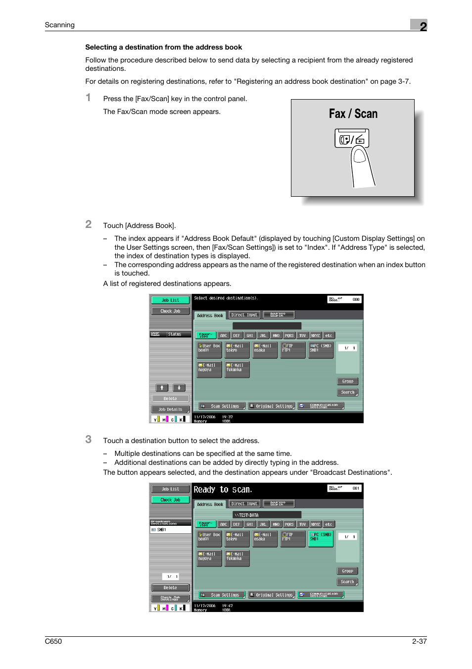 Selecting a destination from the address book, Selecting a destination from the address book -37, P. 2-37 | Konica Minolta bizhub C650 User Manual | Page 64 / 304