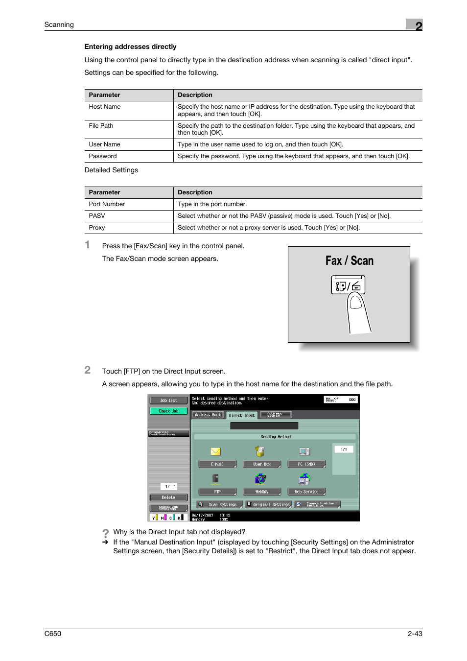 Entering addresses directly, Entering addresses directly -43, P. 2-43 | Konica Minolta bizhub C650 User Manual | Page 70 / 304