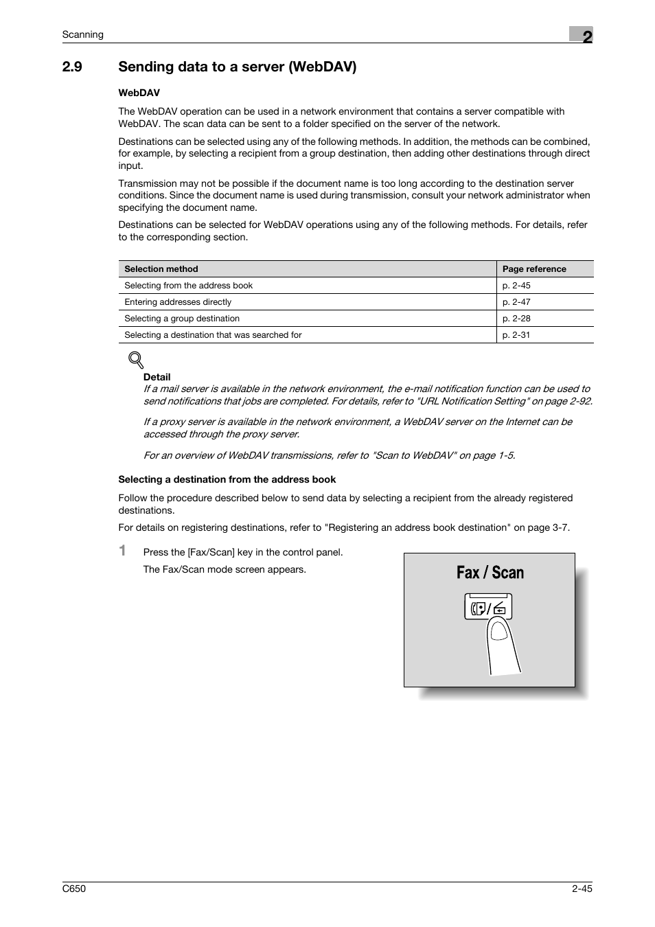 9 sending data to a server (webdav), Webdav, Selecting a destination from the address book | Konica Minolta bizhub C650 User Manual | Page 72 / 304