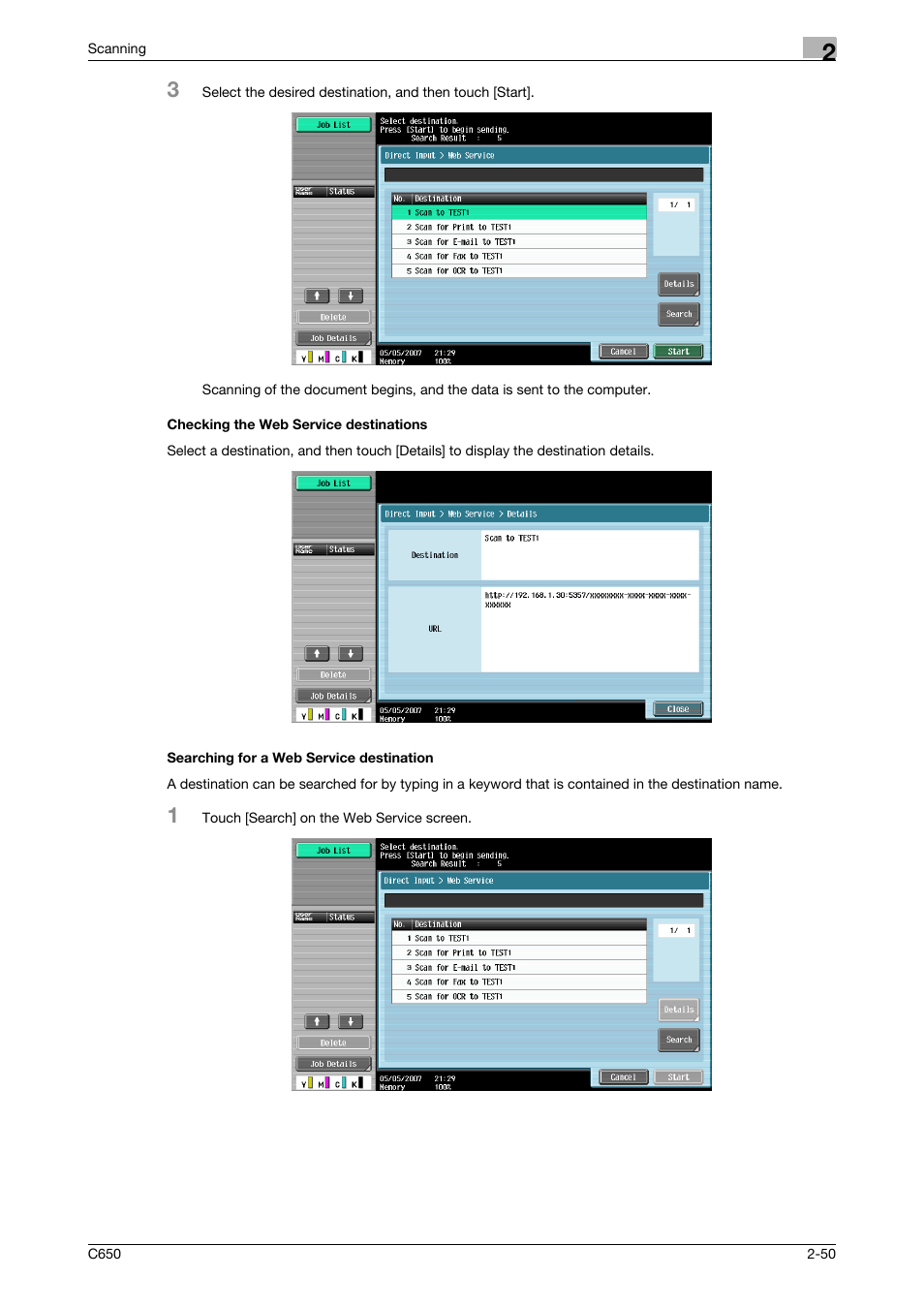 Checking the web service destinations, Searching for a web service destination | Konica Minolta bizhub C650 User Manual | Page 77 / 304