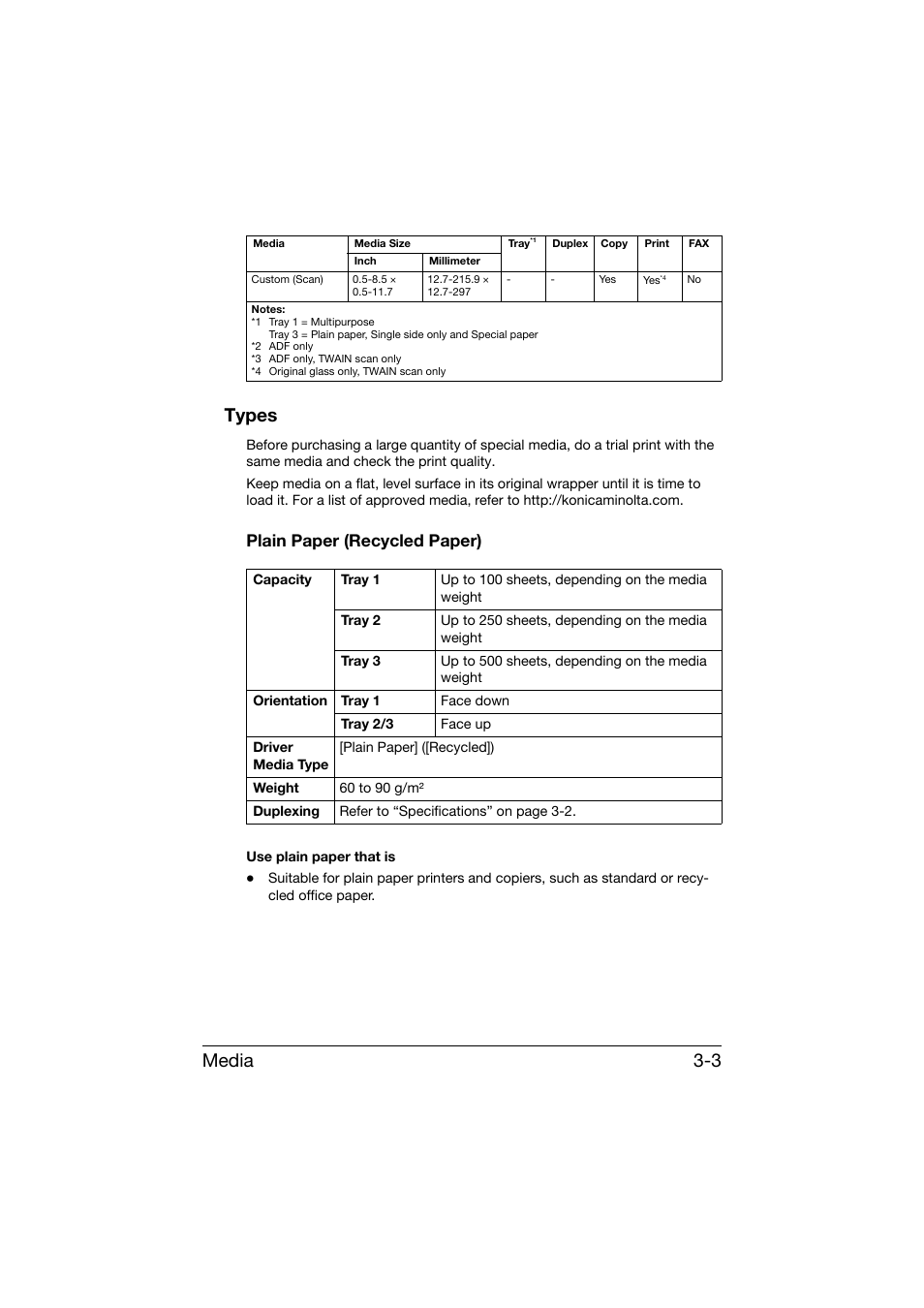 Types, Plain paper (recycled paper), Types -3 | Plain paper (recycled paper) -3, Media 3-3 types | Konica Minolta bizhub C25 User Manual | Page 116 / 341