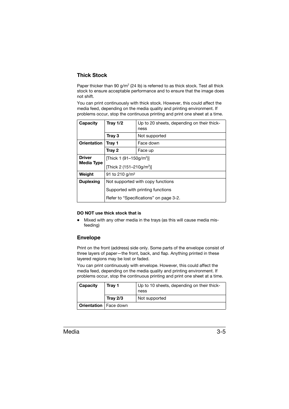 Thick stock, Envelope, Thick stock -5 envelope -5 | Media 3-5 | Konica Minolta bizhub C25 User Manual | Page 118 / 341