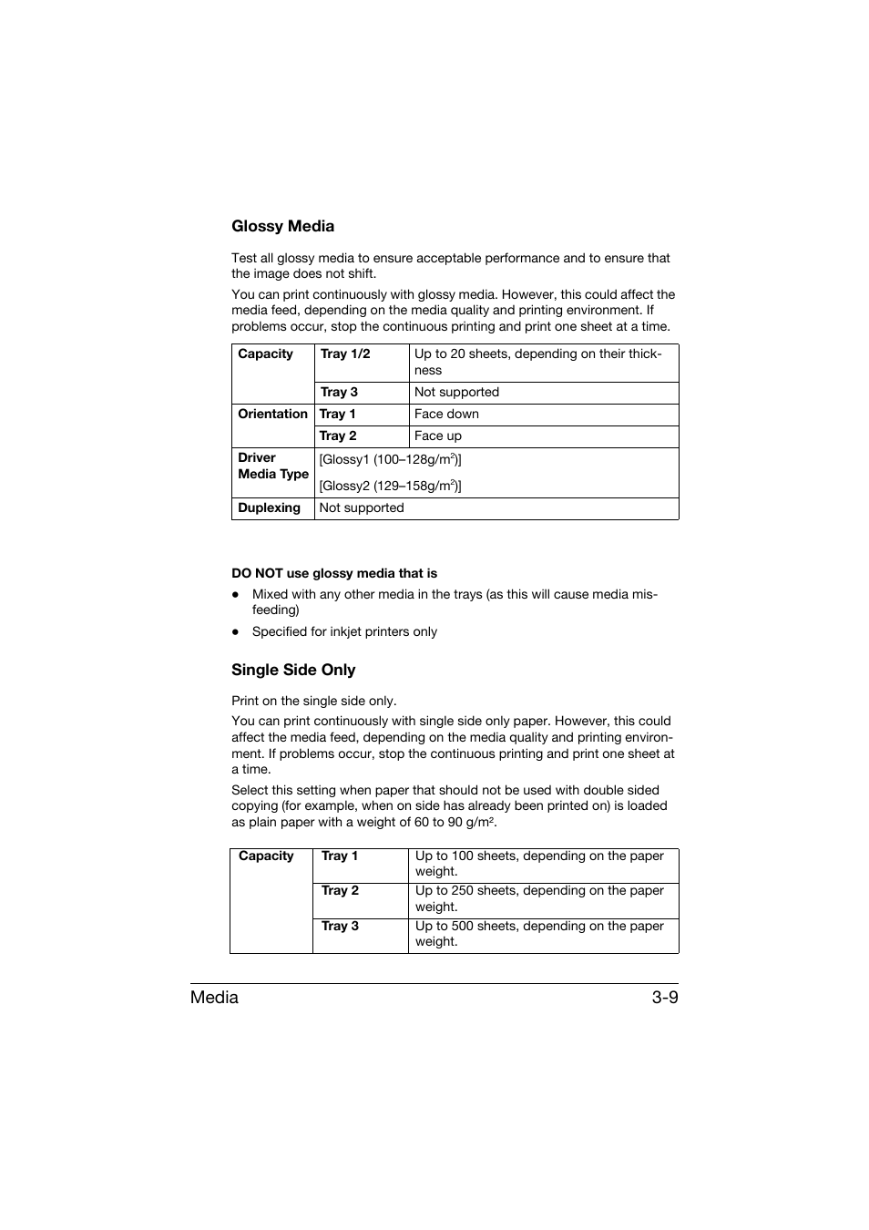 Glossy media, Single side only, Glossy media -9 single side only -9 | Media 3-9 | Konica Minolta bizhub C25 User Manual | Page 122 / 341