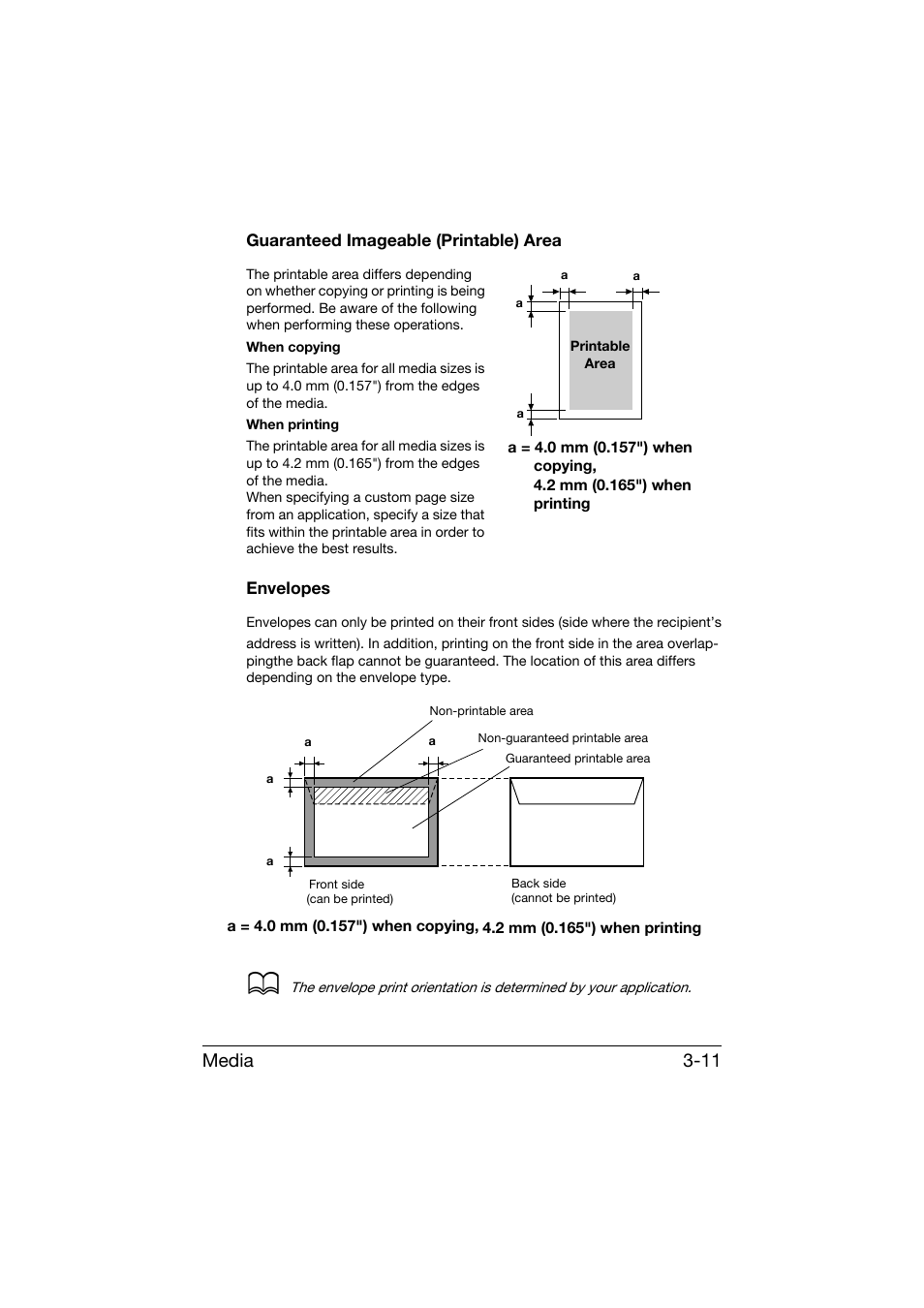 Guaranteed imageable (printable) area, Envelopes, Media 3-11 | Konica Minolta bizhub C25 User Manual | Page 124 / 341