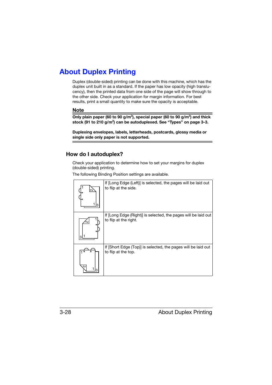 About duplex printing, How do i autoduplex, About duplex printing -28 | How do i autoduplex? -28, About duplex printing 3-28 | Konica Minolta bizhub C25 User Manual | Page 141 / 341