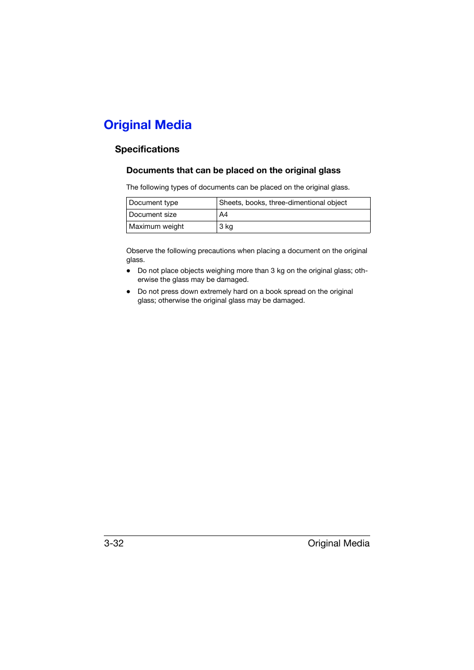 Original media, Specifications, Documents that can be placed on the original glass | Original media -32, Specifications -32 | Konica Minolta bizhub C25 User Manual | Page 145 / 341