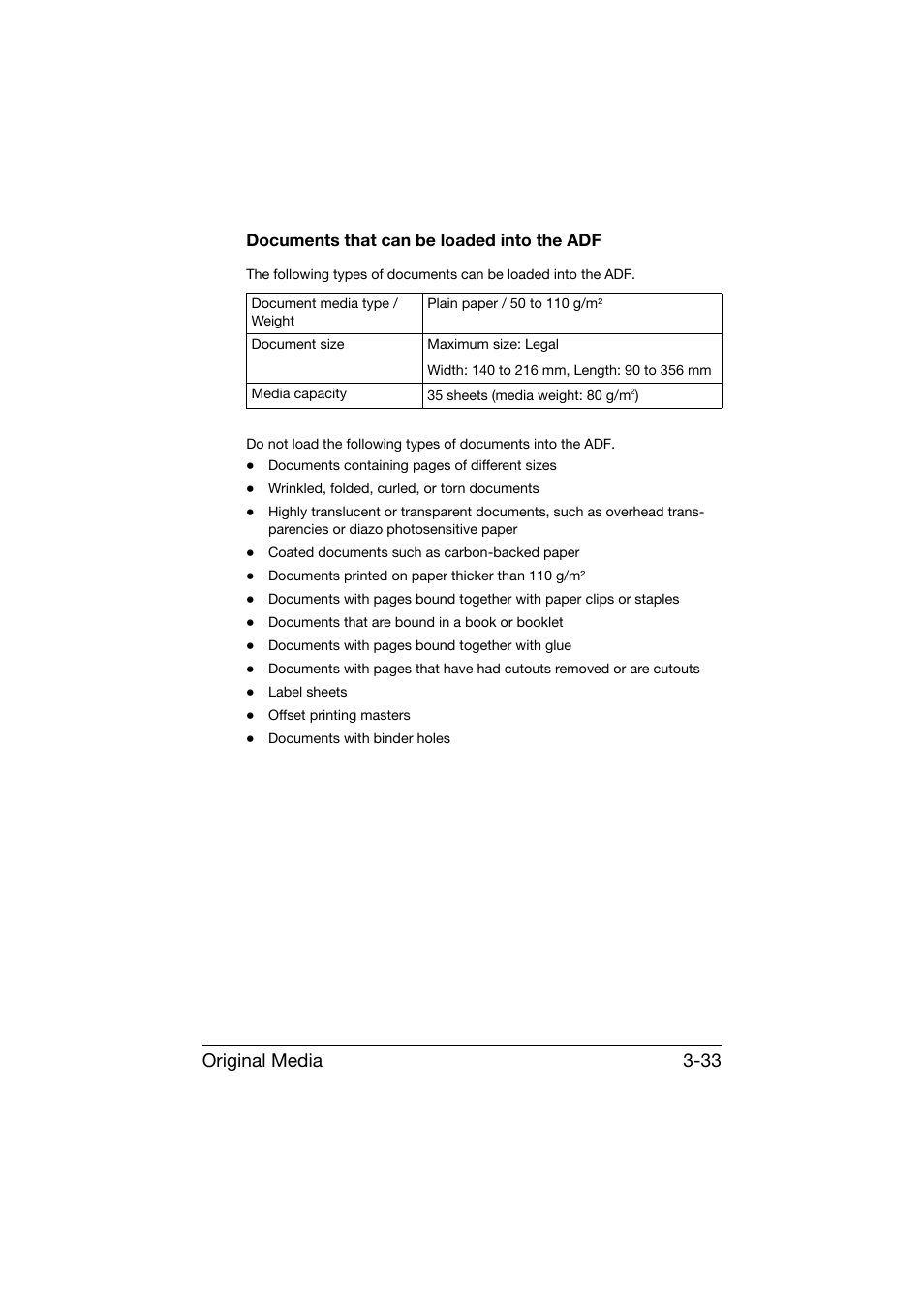 Documents that can be loaded into the adf, Documents that can be loaded into the adf -33, Original media 3-33 | Konica Minolta bizhub C25 User Manual | Page 146 / 341