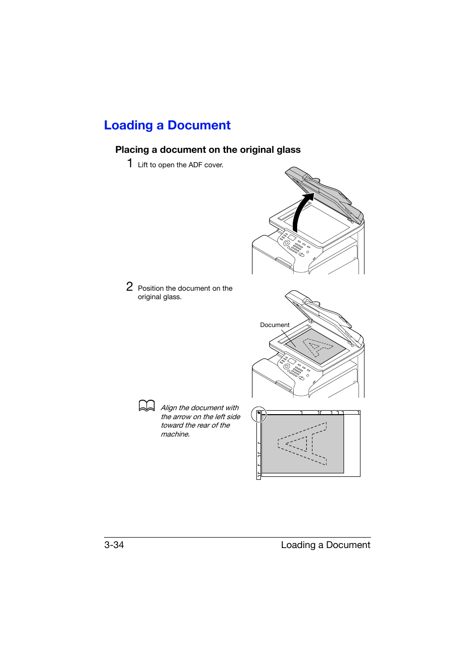 Loading a document, Placing a document on the original glass, Loading a document -34 | Placing a document on the original glass -34 | Konica Minolta bizhub C25 User Manual | Page 147 / 341