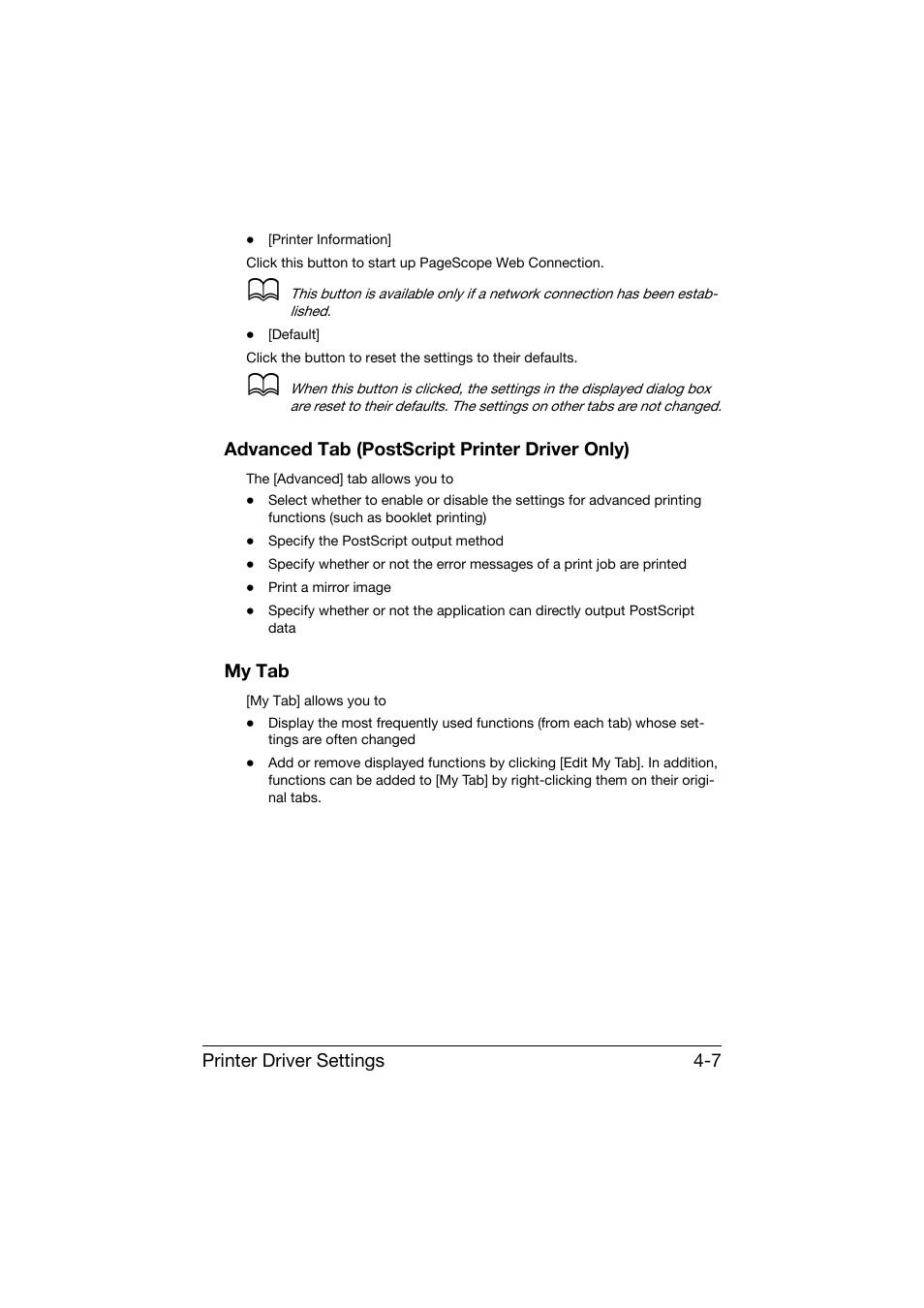 Advanced tab (postscript printer driver only), My tab, Advanced tab (postscript printer driver only) -7 | My tab -7 | Konica Minolta bizhub C25 User Manual | Page 156 / 341