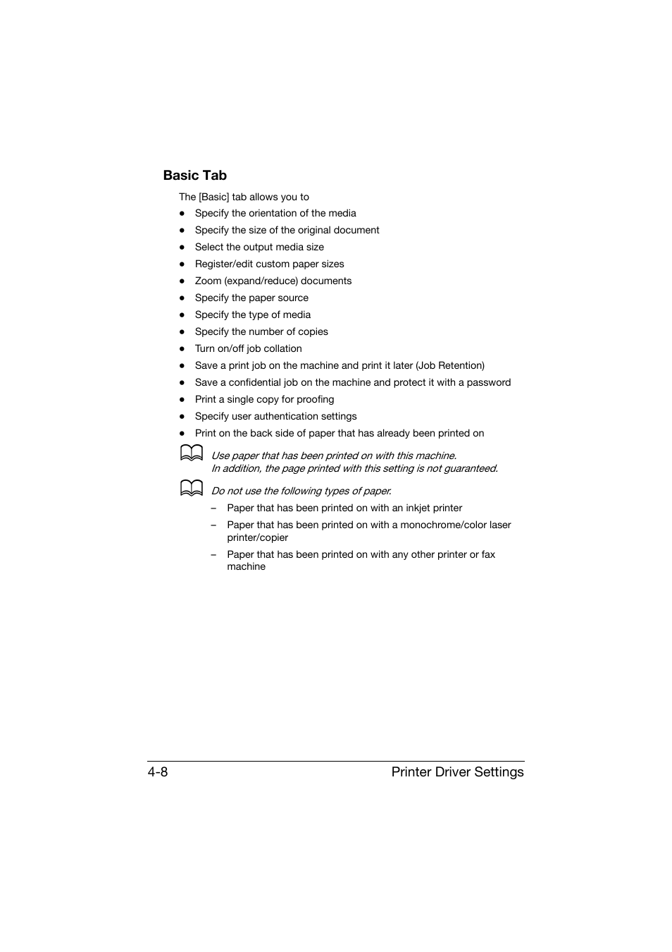 Basic tab, Basic tab -8, Printer driver settings 4-8 basic tab | Konica Minolta bizhub C25 User Manual | Page 157 / 341