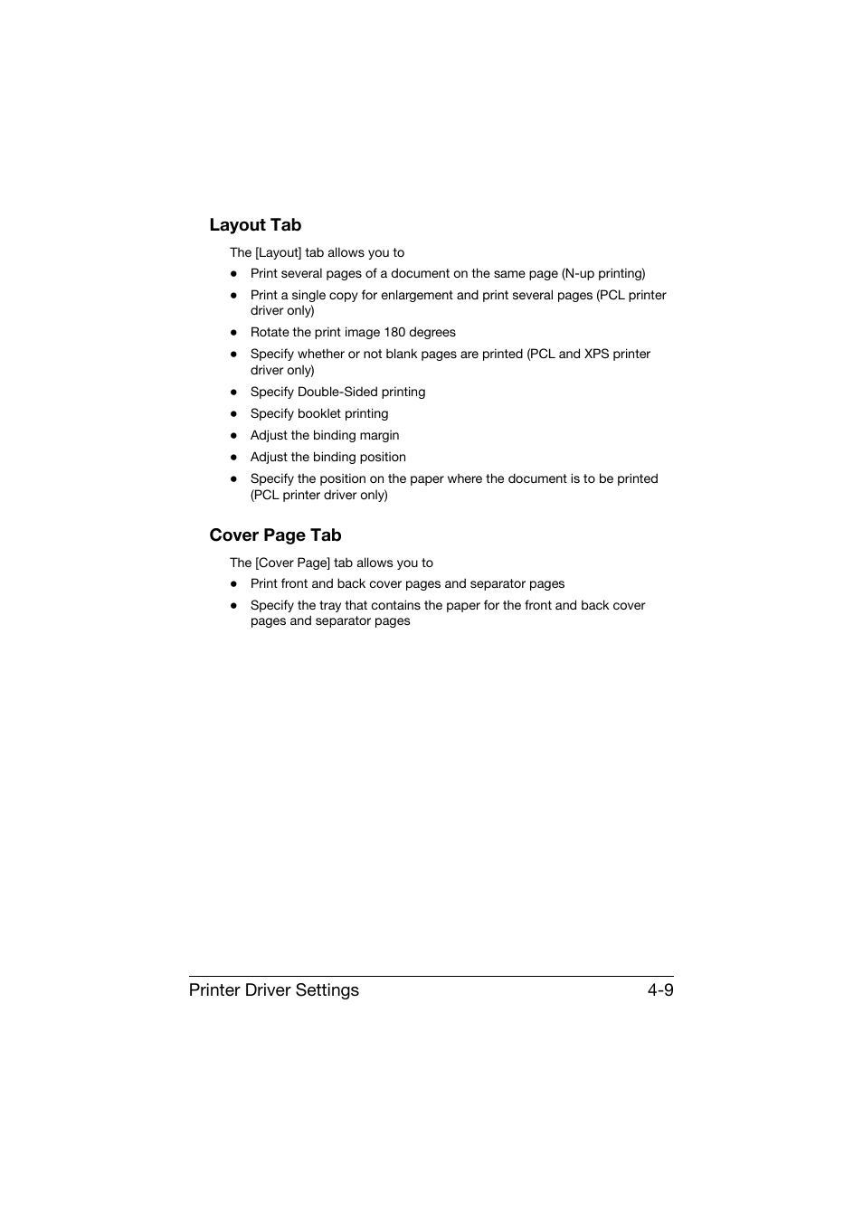 Layout tab, Printer driver settings 4-9 layout tab, Cover page tab | Konica Minolta bizhub C25 User Manual | Page 158 / 341