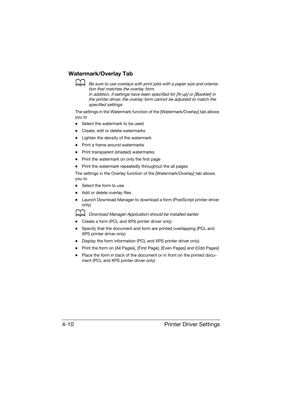 Watermark/overlay tab, Watermark/overlay tab -10, Printer driver settings 4-10 watermark/overlay tab | Konica Minolta bizhub C25 User Manual | Page 159 / 341