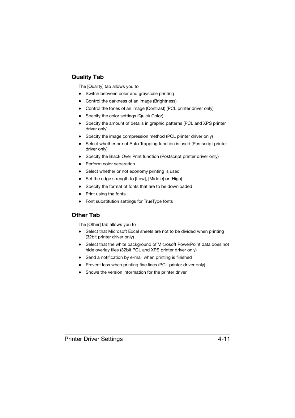 Quality tab, Other tab, Quality tab -11 other tab -11 | Printer driver settings 4-11 quality tab | Konica Minolta bizhub C25 User Manual | Page 160 / 341