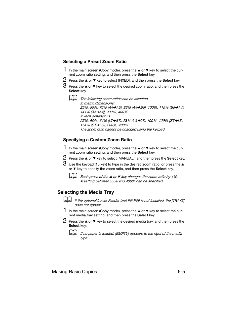 Selecting a preset zoom ratio, Specifying a custom zoom ratio, Selecting the media tray | Selecting the media tray -5 | Konica Minolta bizhub C25 User Manual | Page 170 / 341