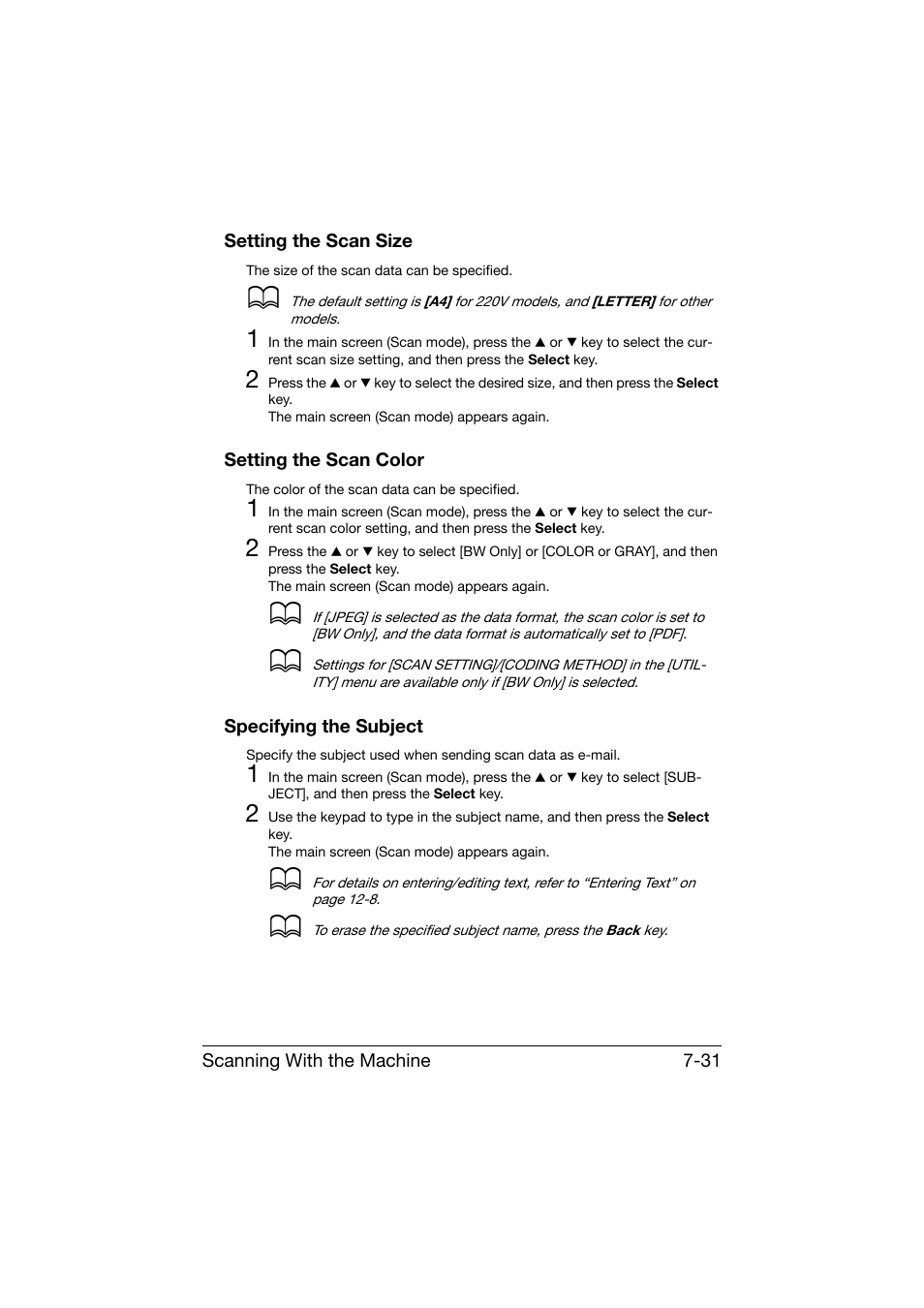 Setting the scan size, Setting the scan color, Specifying the subject | Konica Minolta bizhub C25 User Manual | Page 210 / 341