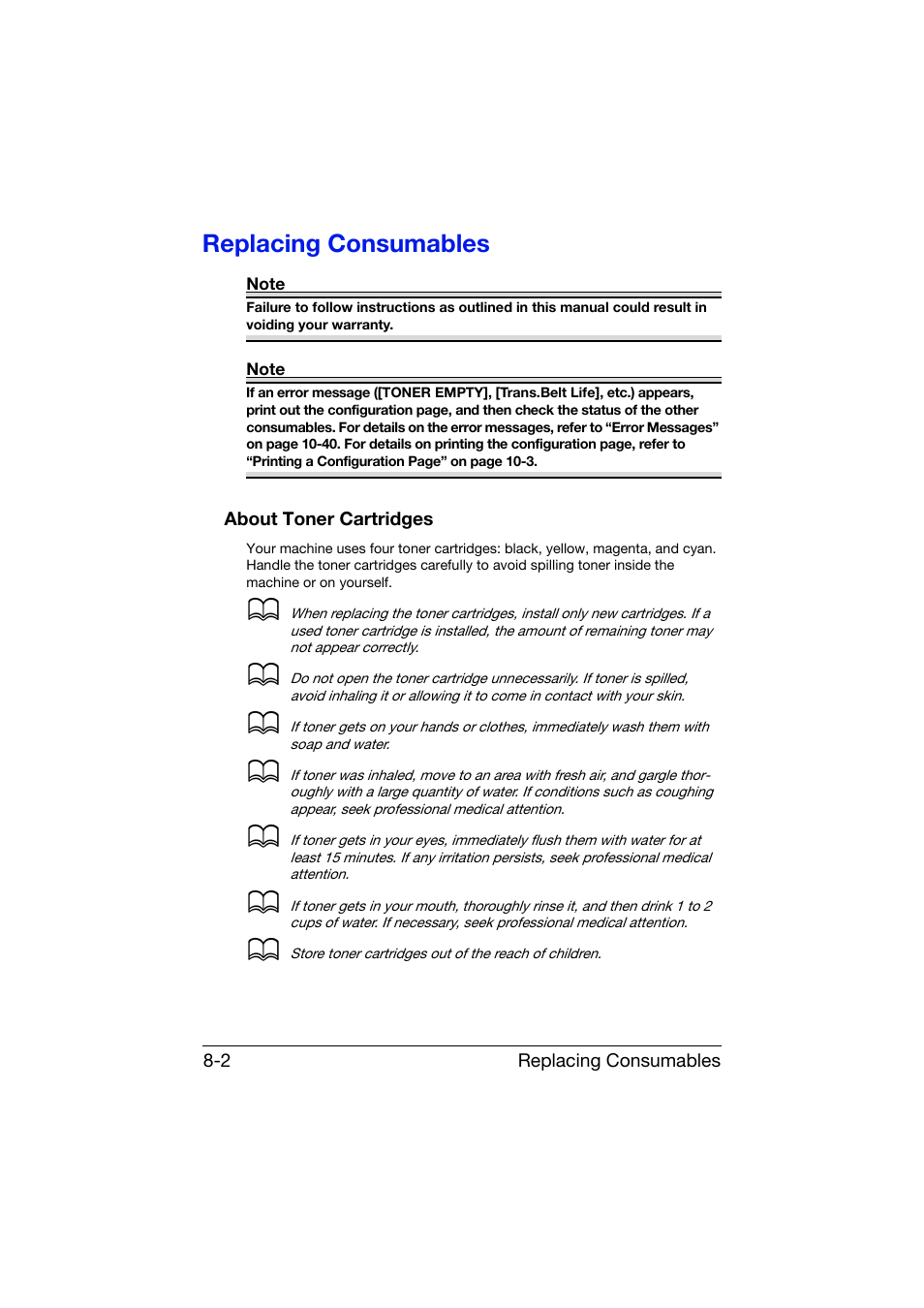 Replacing consumables, About toner cartridges, Replacing consumables -2 | About toner cartridges -2 | Konica Minolta bizhub C25 User Manual | Page 213 / 341