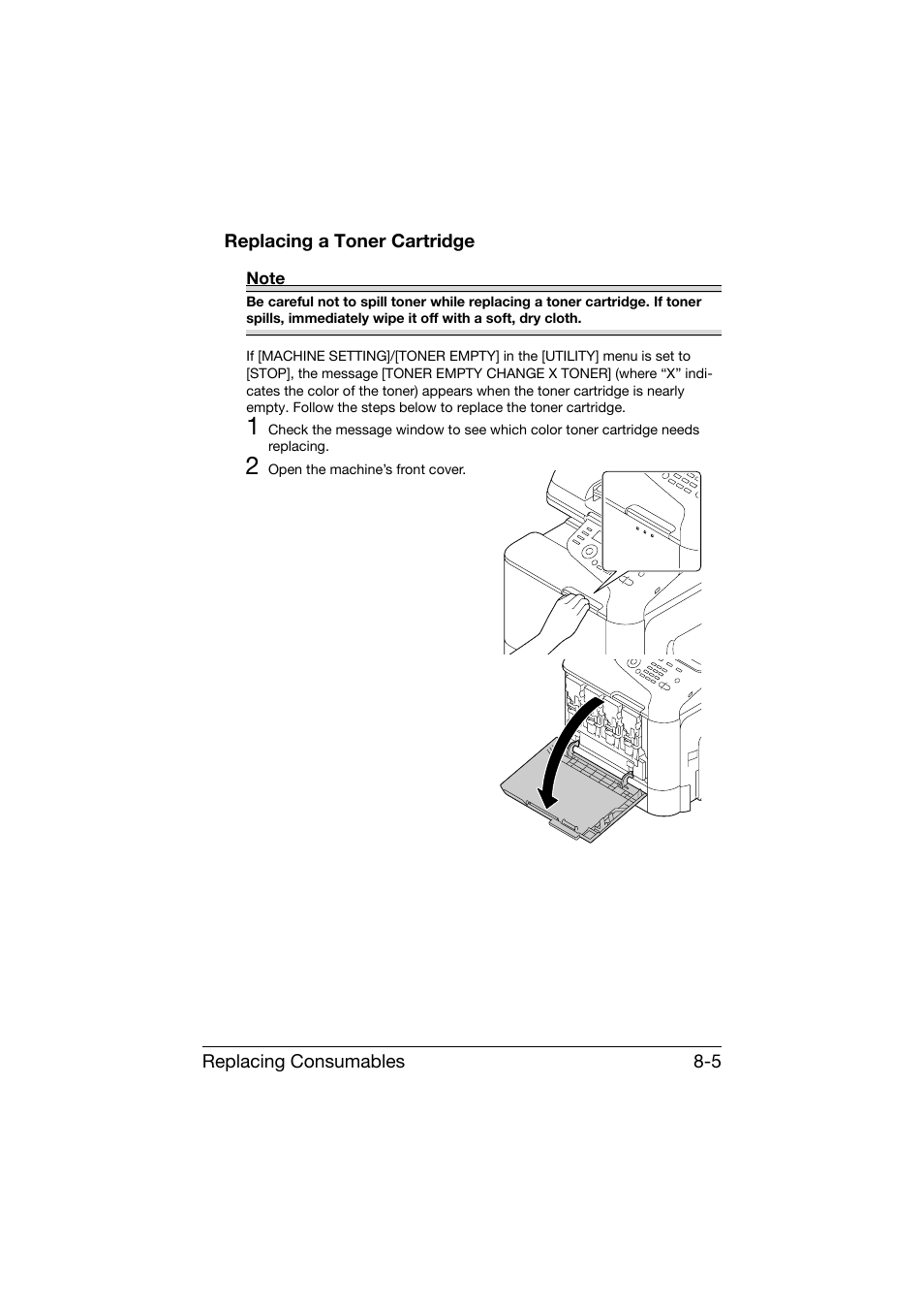 Replacing a toner cartridge, Replacing a toner cartridge -5 | Konica Minolta bizhub C25 User Manual | Page 216 / 341