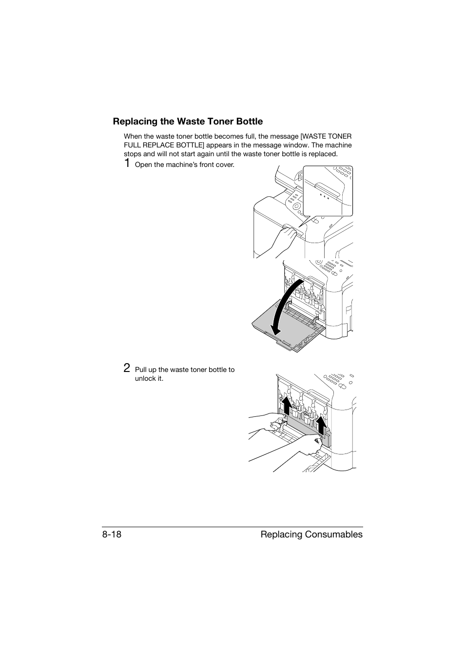 Replacing the waste toner bottle, Replacing the waste toner bottle -18 | Konica Minolta bizhub C25 User Manual | Page 229 / 341