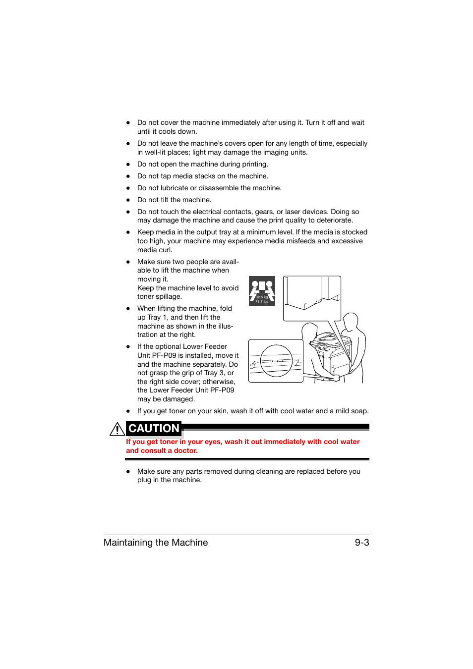 Caution, Maintaining the machine 9-3 | Konica Minolta bizhub C25 User Manual | Page 250 / 341