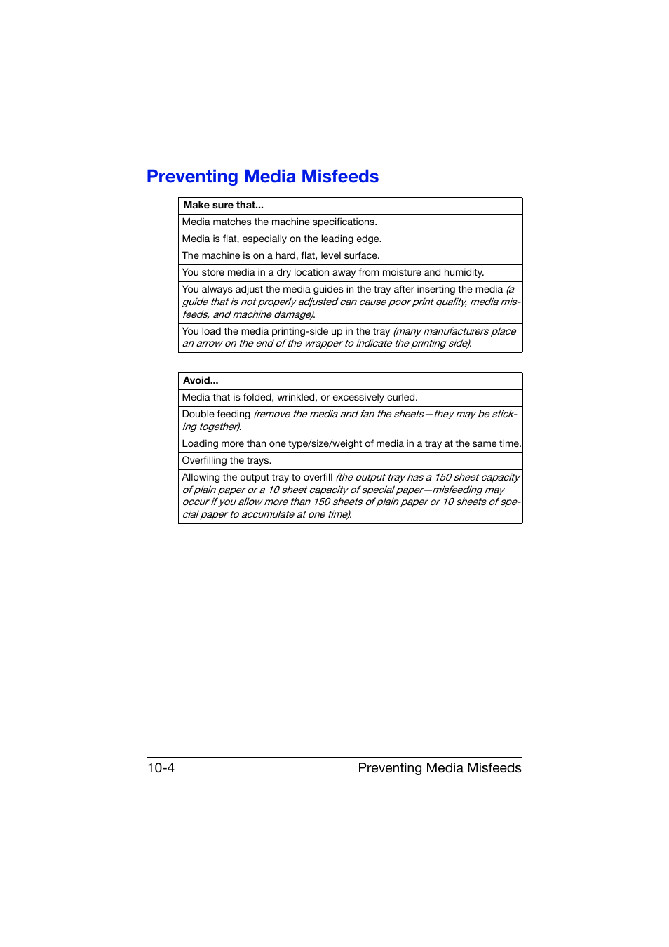 Preventing media misfeeds, Preventing media misfeeds -4, Preventing media misfeeds 10-4 | Konica Minolta bizhub C25 User Manual | Page 265 / 341