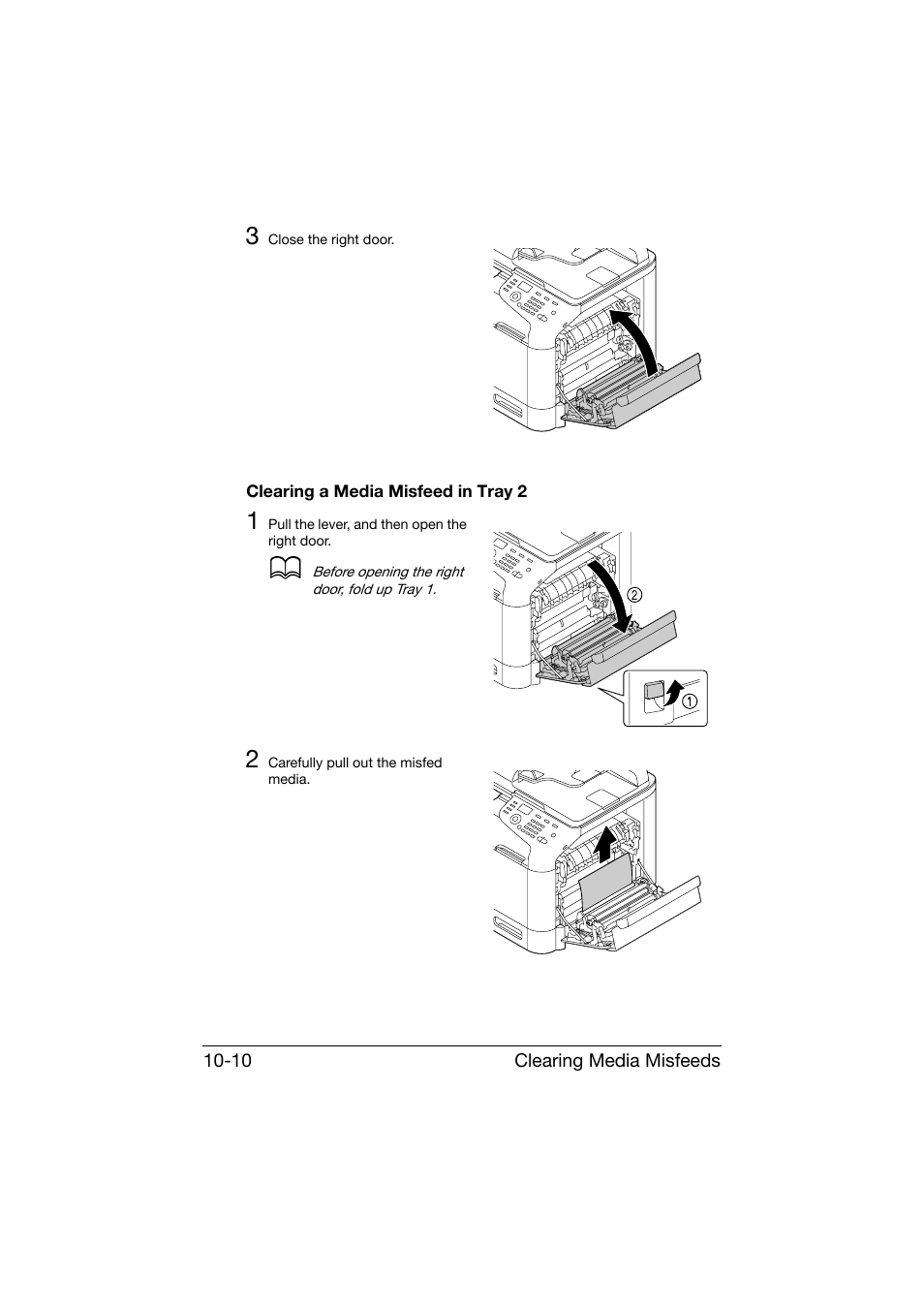 Clearing a media misfeed in tray 2, Clearing a media misfeed in tray 2 -10 | Konica Minolta bizhub C25 User Manual | Page 271 / 341