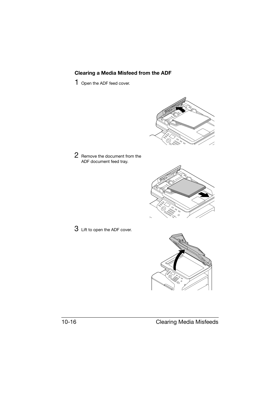 Clearing a media misfeed from the adf, Clearing a media misfeed from the adf -16 | Konica Minolta bizhub C25 User Manual | Page 277 / 341