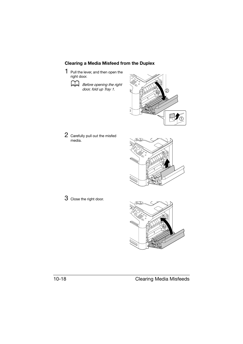 Clearing a media misfeed from the duplex, Clearing a media misfeed from the duplex -18 | Konica Minolta bizhub C25 User Manual | Page 279 / 341