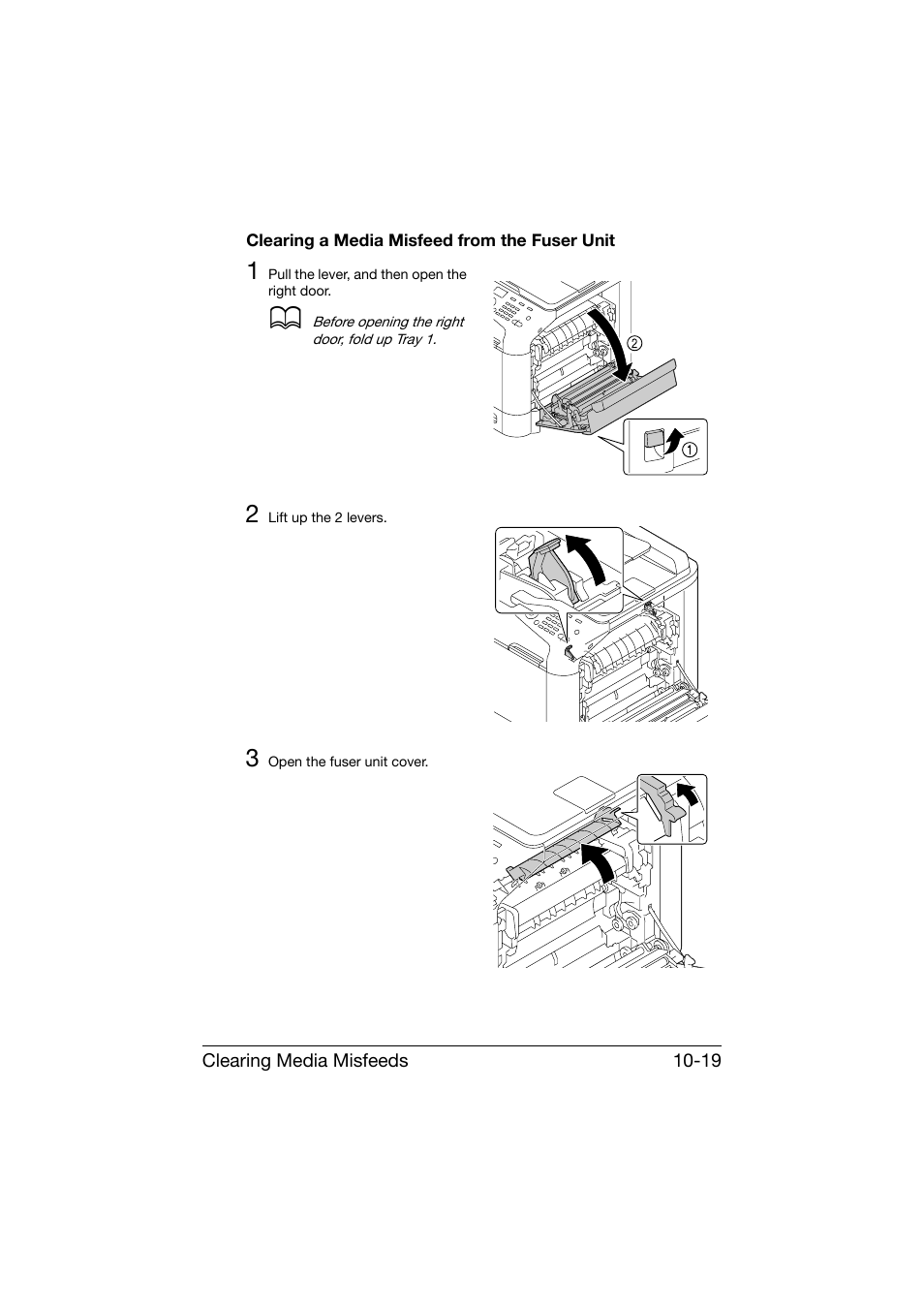 Clearing a media misfeed from the fuser unit, Clearing a media misfeed from the fuser unit -19 | Konica Minolta bizhub C25 User Manual | Page 280 / 341