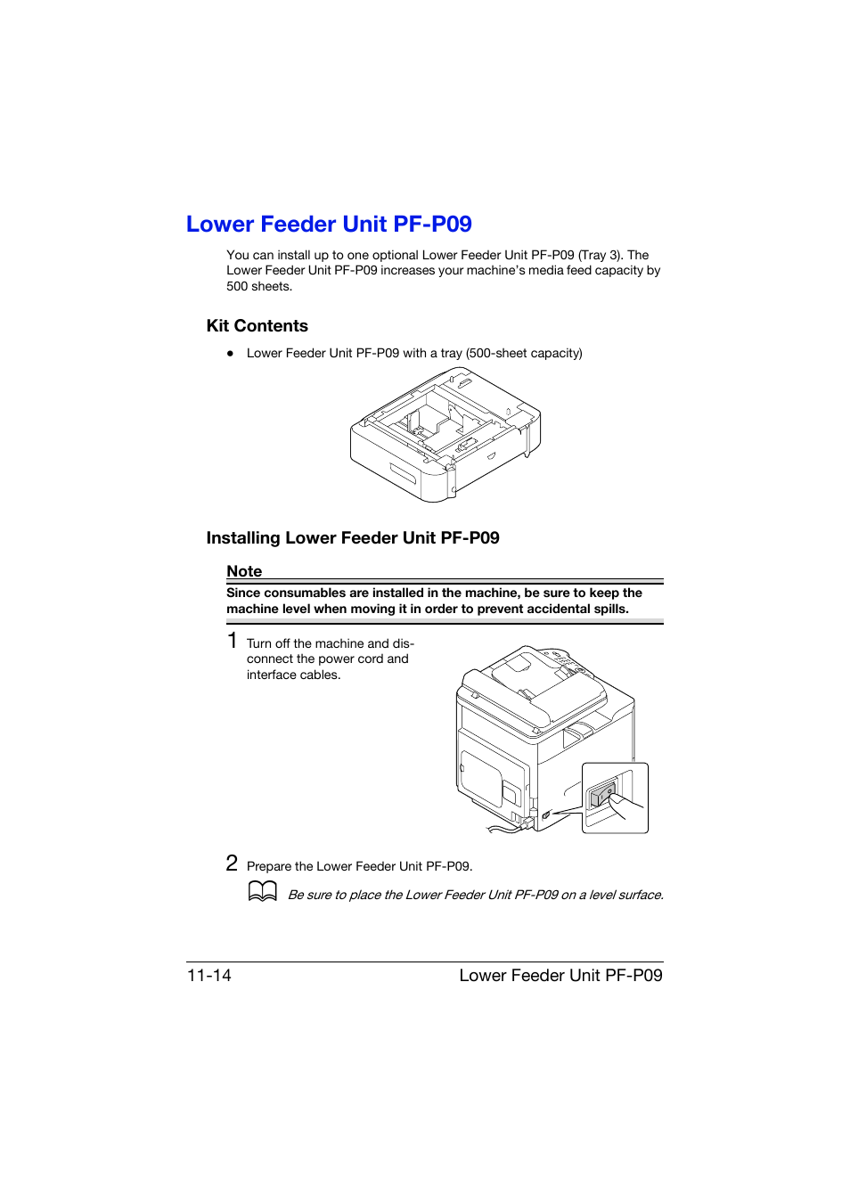 Lower feeder unit pf-p09, Kit contents, Installing lower feeder unit pf-p09 | Lower feeder unit pf-p09 -14 | Konica Minolta bizhub C25 User Manual | Page 323 / 341