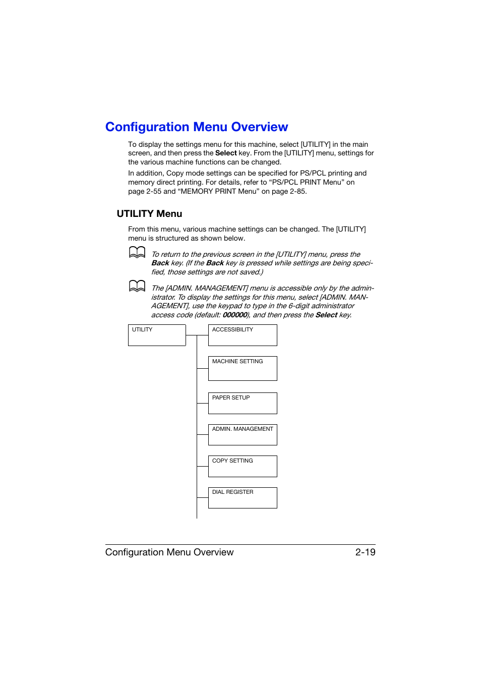 Configuration menu overview, Utility menu, Configuration menu overview -19 | Utility menu -19 | Konica Minolta bizhub C25 User Manual | Page 44 / 341