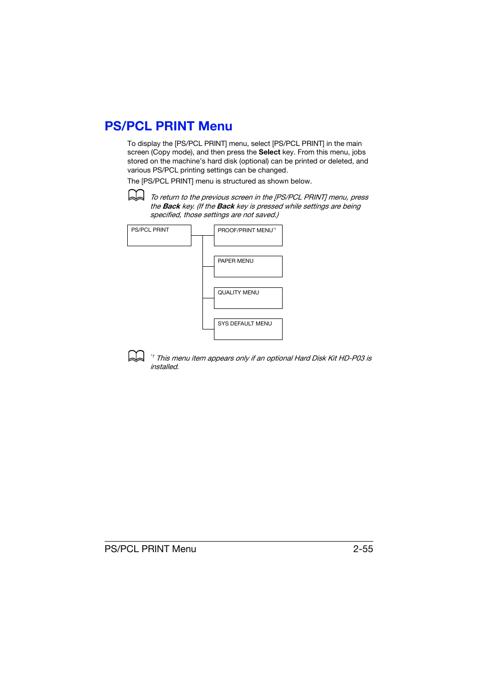 Ps/pcl print menu, Ps/pcl print menu -55, Ps/pcl print menu 2-55 | Konica Minolta bizhub C25 User Manual | Page 80 / 341